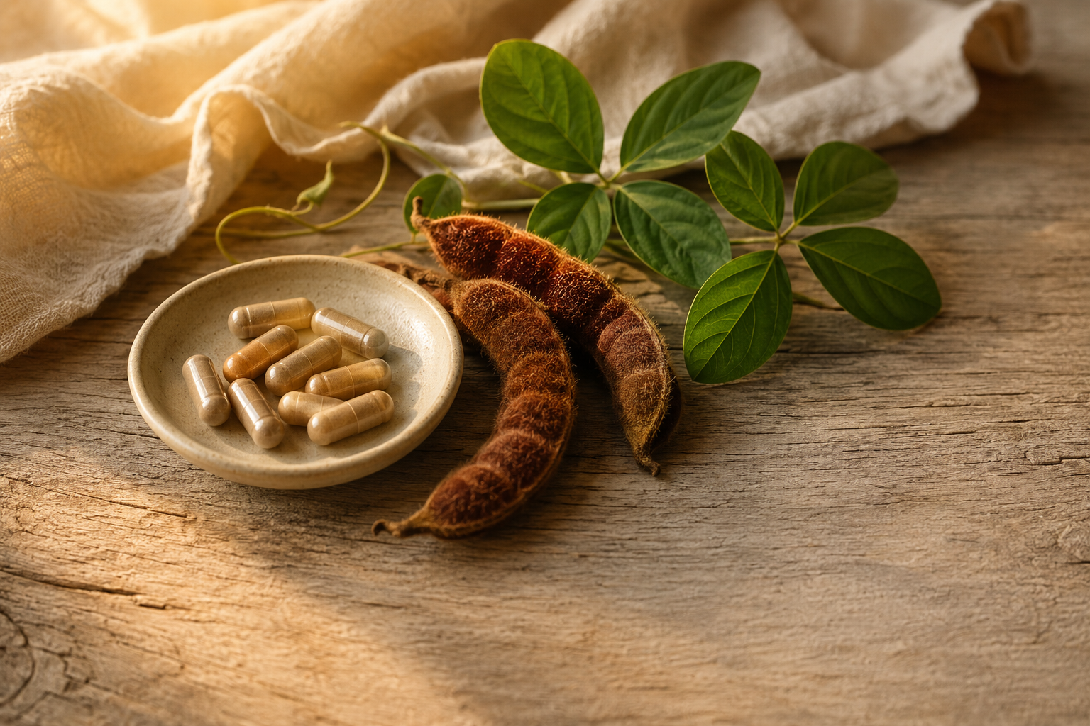 Velvet bean pods and mucuna pruriens capsules in soft morning light — an honest look at mucuna pruriens side effects