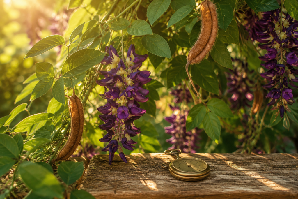 How long does mucuna pruriens take to work &mdash; mucuna plant with purple flowers and a pocket watch in morning light