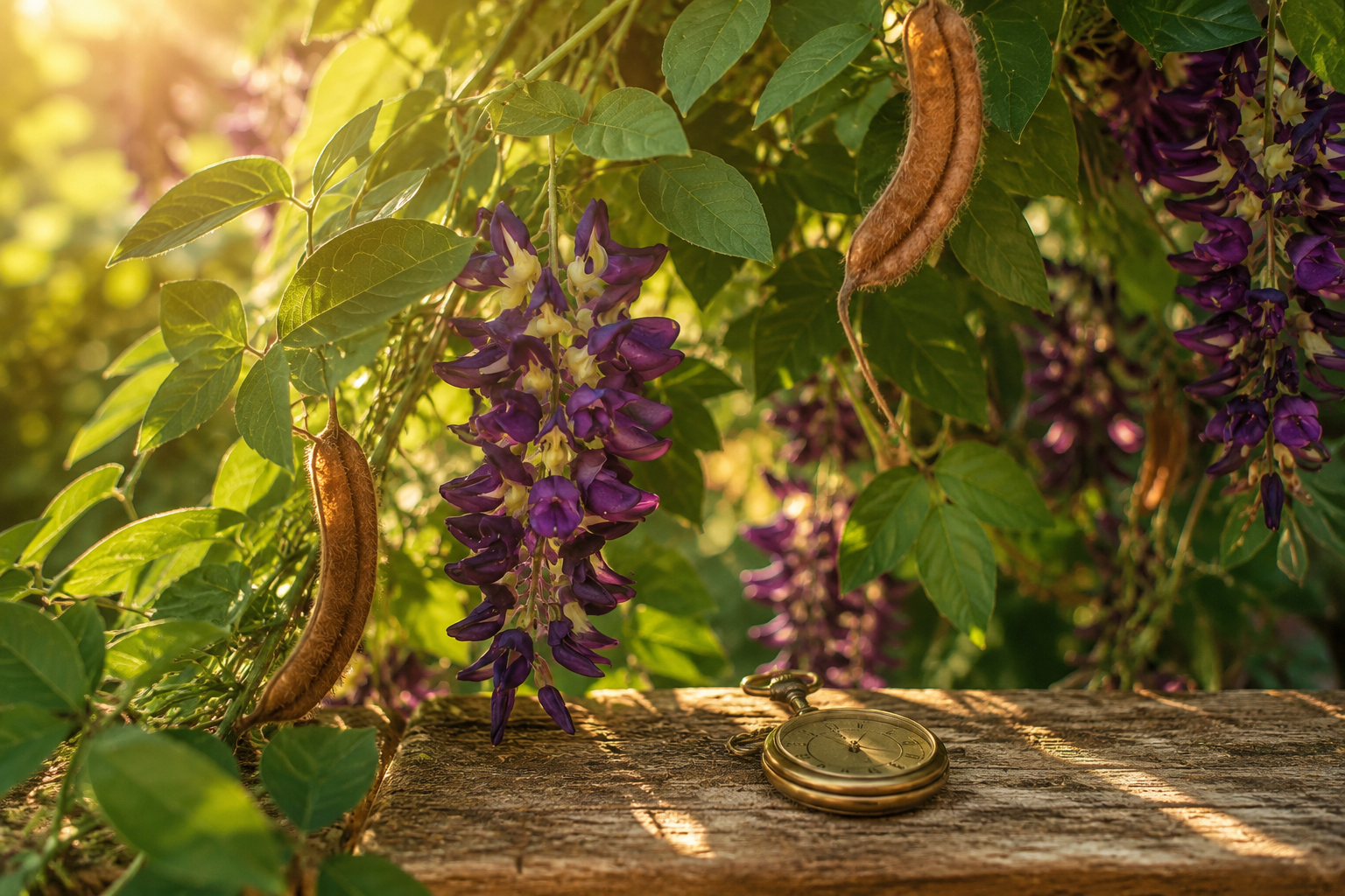 How long does mucuna pruriens take to work — mucuna plant with purple flowers and a pocket watch in morning light