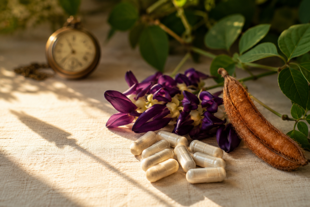 Mucuna pruriens velvet bean pods and capsules, illustrating how long mucuna takes to work