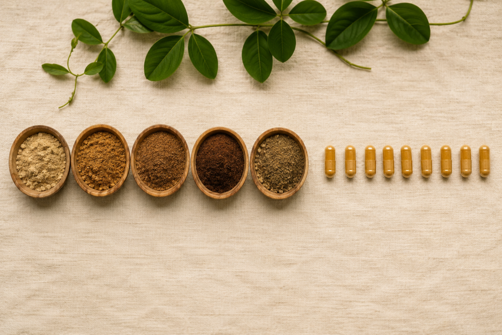 Five bowls of raw mucuna powder in visibly different shades beside a uniform row of standardized extract capsules